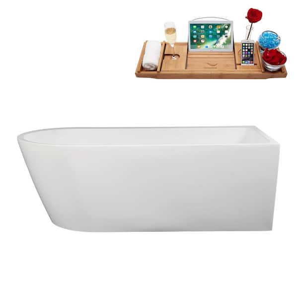 Streamline 65 in. x 32 in. Acrylic Freestanding Soaking Bathtub in Glossy White With Polished Gold Drain, Bamboo Tray