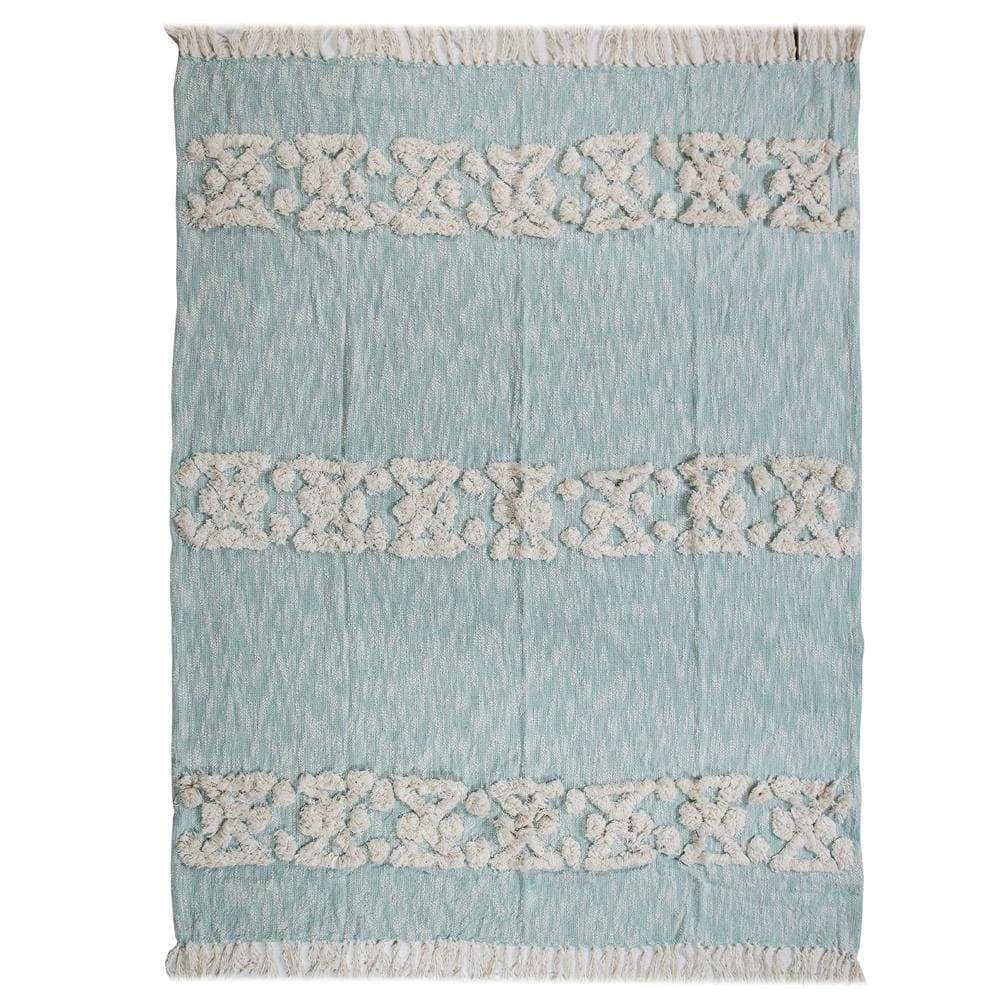 Sky Blue and White Organic Cotton Knitted Throw Blanket, 50" x 60"