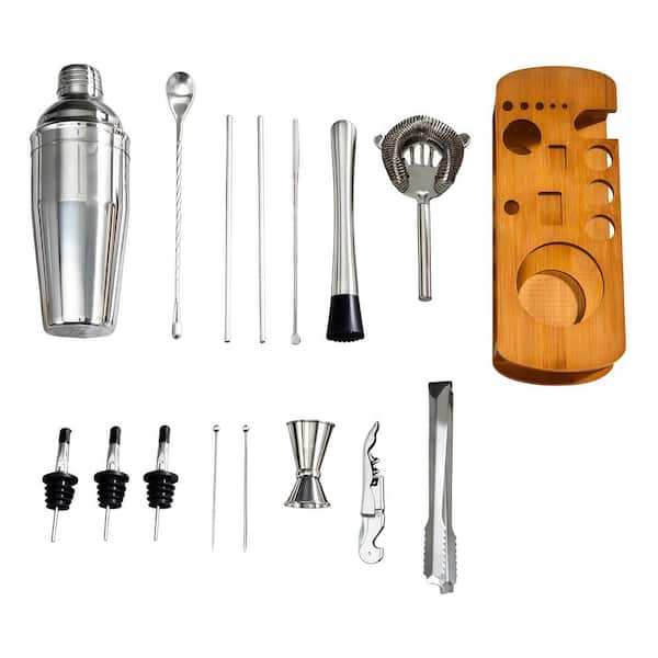 17-Piece Stainless Steel 25 oz. Cocktail Shaker Set with Stand Shaker Jigger Strainer Mixer Spoon Muddler Liquor Pourers