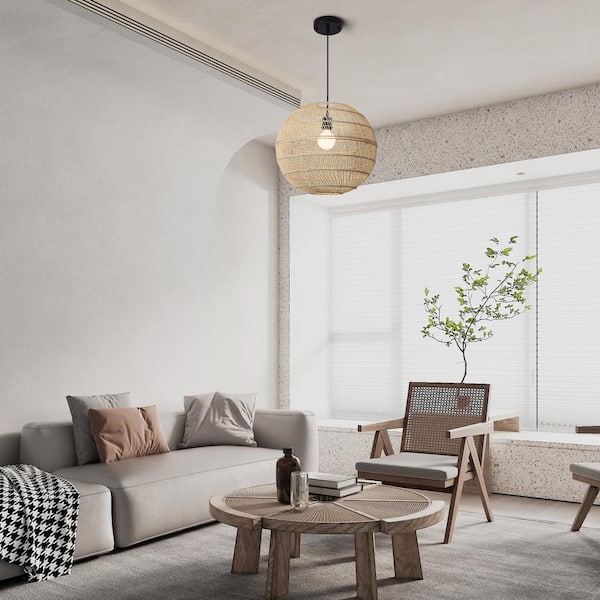 1-Light Black and Natural Globe Adjustable Pendant Light with Rattan Shaded for Living Room, No Bulbs Included