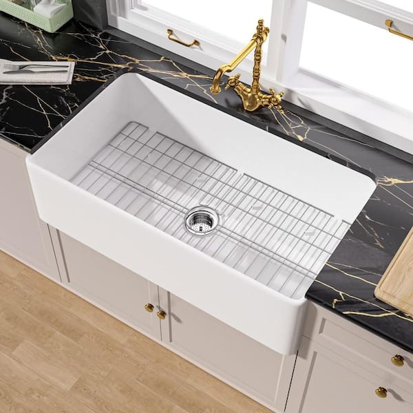 WetBase 36 in.L x 20 in.W Fireclay Farmhouse Kitchen Sink Apron Front Sink Single Bowl White with Basket Strainer and Sink Grid