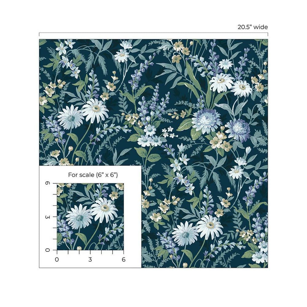 Teal and White Vinyl Floral Peel and Stick Wallpaper
