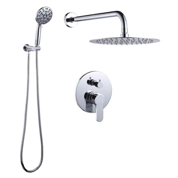 VEVETTA Wall Mount Dual Single Handle 2-Spray Shower Faucet 1.8 GPM with 10 in. Round Shower Head in Polished Chrome