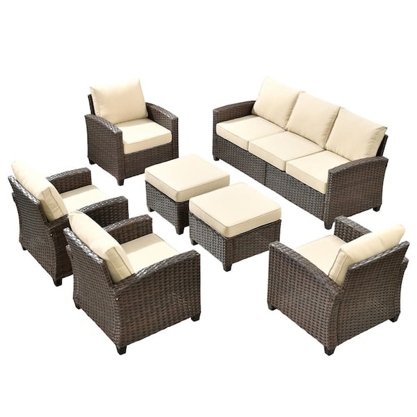 Palermo Brown 7-Piece Wicker Modern Outdoor Modular Patio Conversation Sofa Seating Set with Beige Cushions