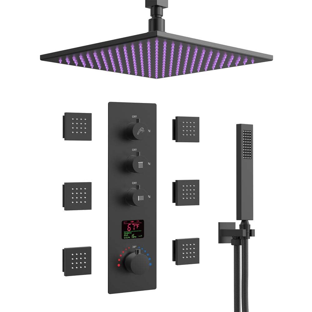 EVERSTEIN LED Single-Handle Rain 2-Spray Square 12 in. Dual Shower Head Fixed and Handheld Shower Head in Matte Black