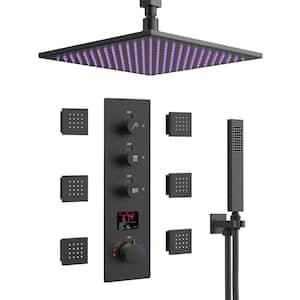 LED Single-Handle Rain 2-Spray Square 12 in. Dual Shower Head Fixed and Handheld Shower Head in Matte Black