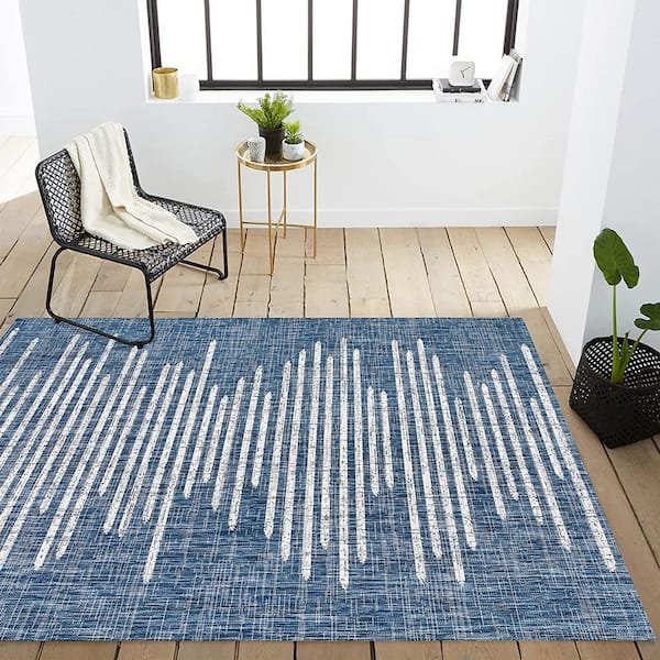 Blue Polypropylene 5 ft. x 8 ft. Stripe Geometric Indoor/Outdoor Area Rug