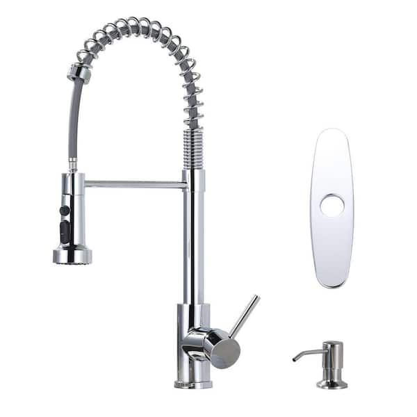 Polished Chrome 19 in. Single-Handle Spring Neck Pull Down Sprayer Kitchen Faucet with 360° Swivel and Soap Despenser