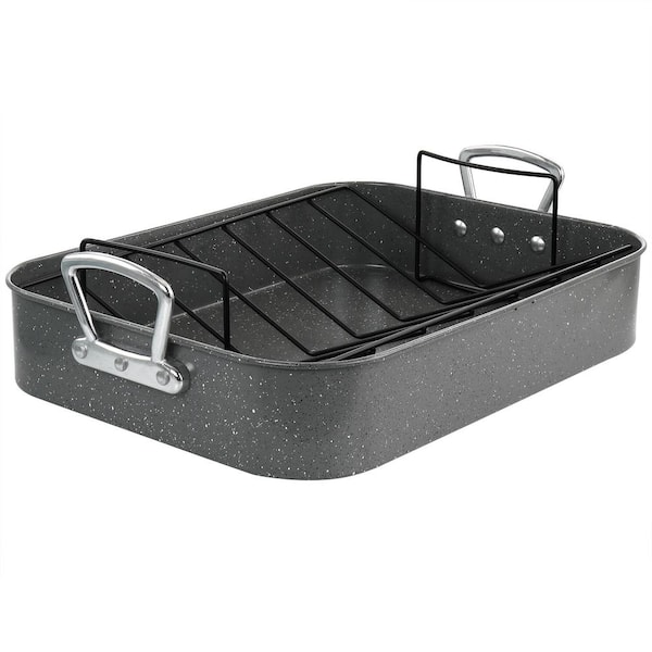 Gibson Greystone 12 qt. Speckled Grey Carbon Steel Turkey Roasting Pan Set with Rack