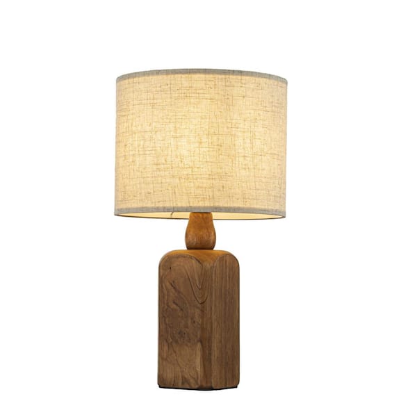 18 in. Farmhouse Traditional Natural Brown Solid Wood Base Table Lamp with Beige Fabric Shade for Living Room (2-Pack)