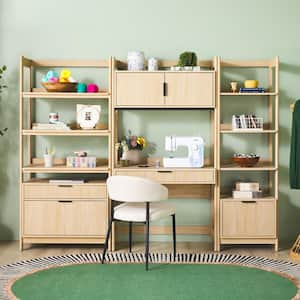 3-Piece Transitional Coastal Oak Reeded 38 in. Hutch-Style Desk with 1 Narrow and 1 Wide Modern Bookcase