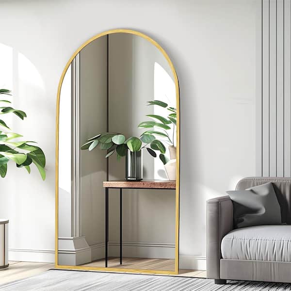 Lirago 39 in. W. x 67 in. H Full Length Arched Free Standing Body Mirror, Metal Framed Wall Mirror, Large Floor Mirror in Gold