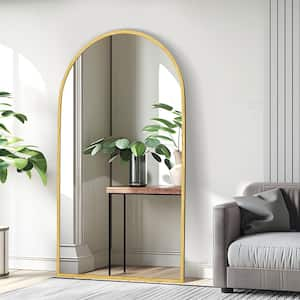 39 in. W. x 67 in. H Full Length Arched Free Standing Body Mirror, Metal Framed Wall Mirror, Large Floor Mirror in Gold