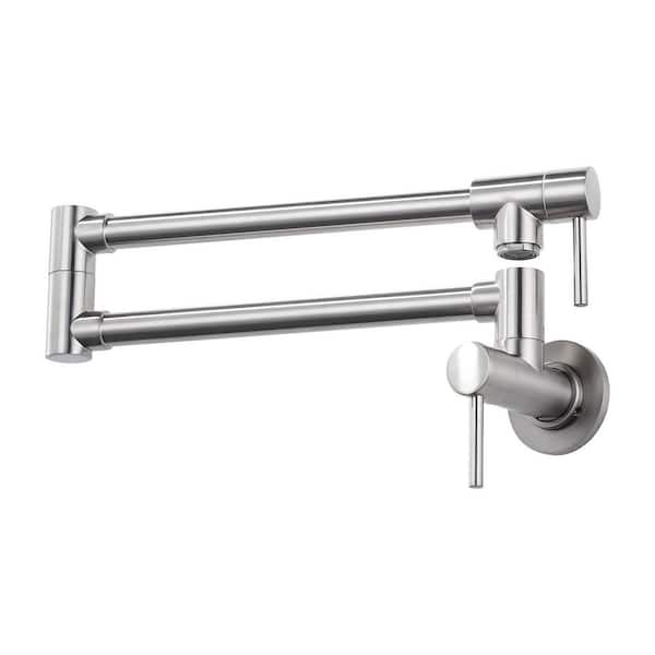 Modern Brass Wall Mounted Dual Joint Swivel Arm Pot Filler Kitchen Faucet in Brushed Nickel