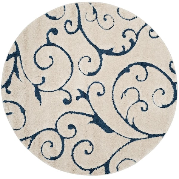 SAFAVIEH Florida Shag Cream/Blue 4 ft. x 4 ft. Round Floral Area Rug