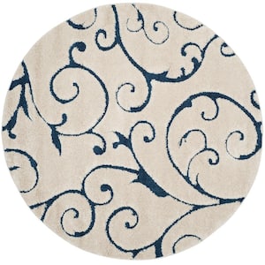Florida Shag Cream/Blue 7 ft. x 7 ft. Round Floral High-Low Area Rug