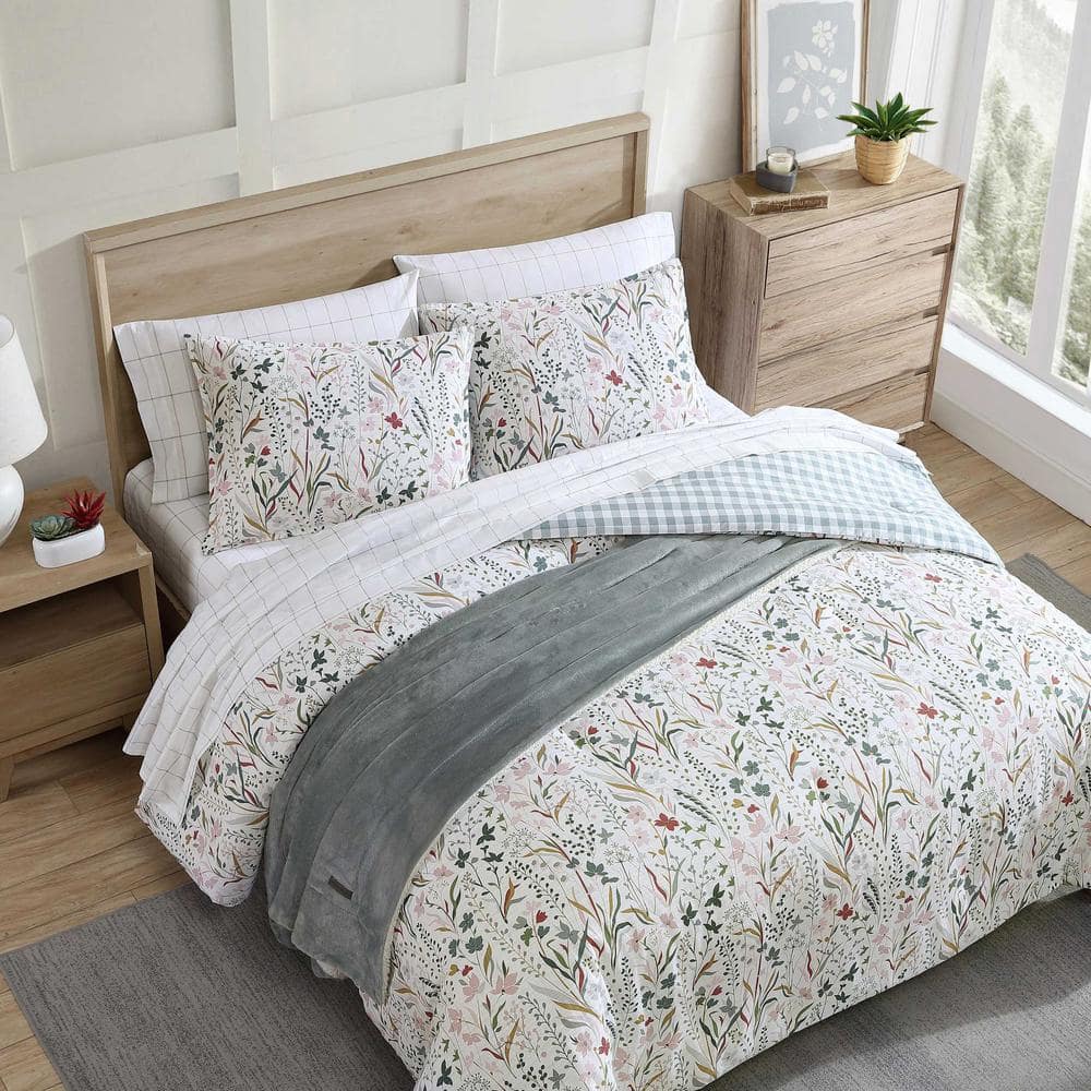 Twin White Cotton Reversible Floral Comforter Set
