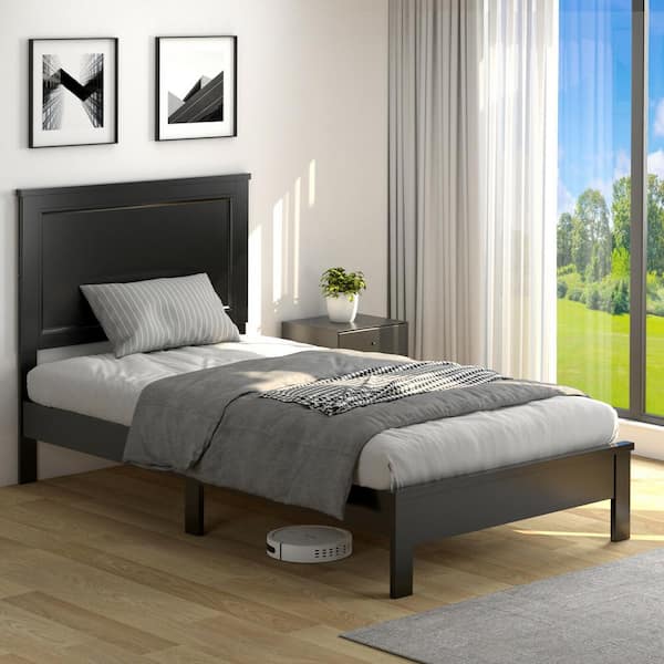 ANGELES HOME Black Wood Twin Platform Bed Frame with Headboard, No