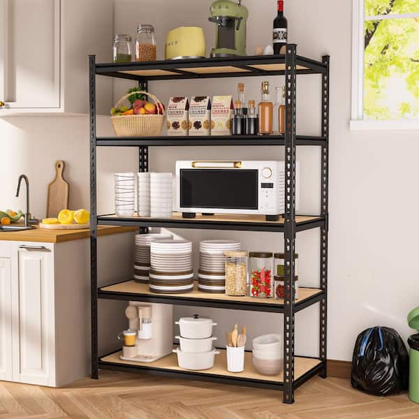 72 in. Tall Black MDF Wood 5-Shelf Garage Storage Shelving Unit Standard Bookcase with Adjustable Shelves