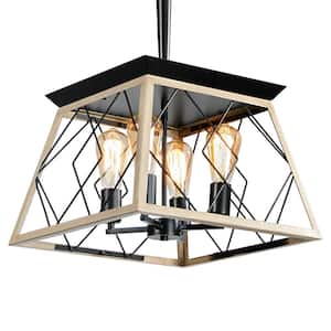 4-Light Oak Metal Solid Ceiling Lights Industrial Kitchen Island Pendant Light