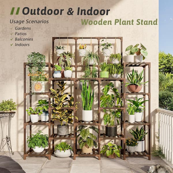 Heavy Duty 14-Tier Natural Brown Wood Rectangular Multi-Layer Plant Stand Shelf with Outdoor Use (56 in. H W x 63 in. H)