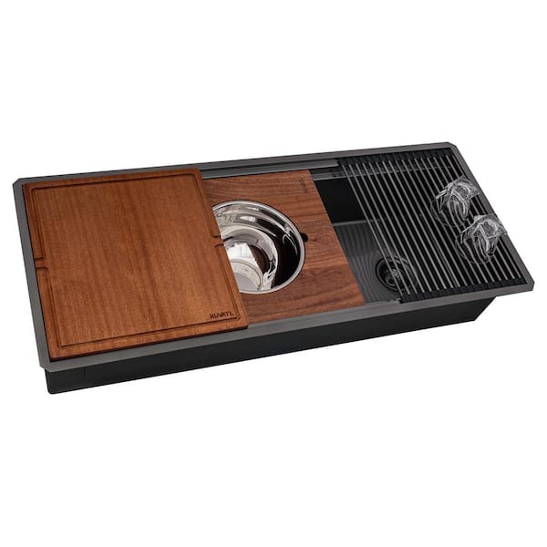 Ruvati Dual-Tier Pro 45 in. Undermount 16-Gauge Stainless Steel Workstation Kitchen Sink in Gunmetal Black with Rounded Corner
