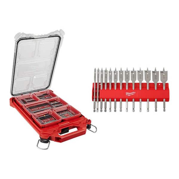 Milwaukee SHOCKWAVE Impact Duty Alloy Steel Screw Driver Bit Set with PACKOUT Case with High Speed Wood Spade Bit Set (113-Piece)