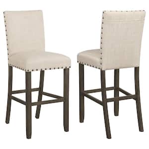 44.5in. Rustic Brown and Beige Solid Back Wood Frame Bar Stools with Nailhead Trim (Set of 2)