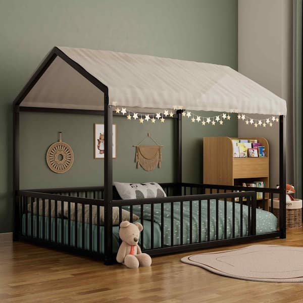 Black Metal Frame Full Platform Bed with Fence for Kids and Toddlers