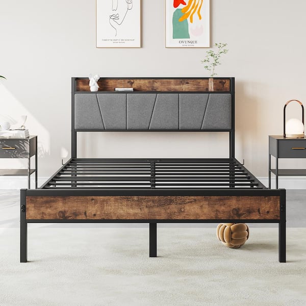 Black Metal Frame Full Size Platform Bed with Brown, Gray Storage Headboard and Charging Station, No Box Spring Needed