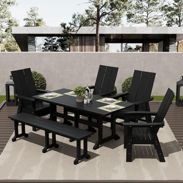 WESTIN OUTDOOR Shoreside Outdoor Patio Weather Resistant Black 6-Piece HDPE Plastic Adirondack Dining Set with Bench