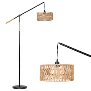 68 in. 1-Light Black Modern Adjustable Swing Arm LED Floor Lamp with Rattan Drum Shade and foot switch for Living Room