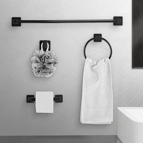 4-Piece Bath Hardware Set Included Towel Bar, Towel Ring, Robe Towel Hooks and Toilet Paper Holder in Matte Black