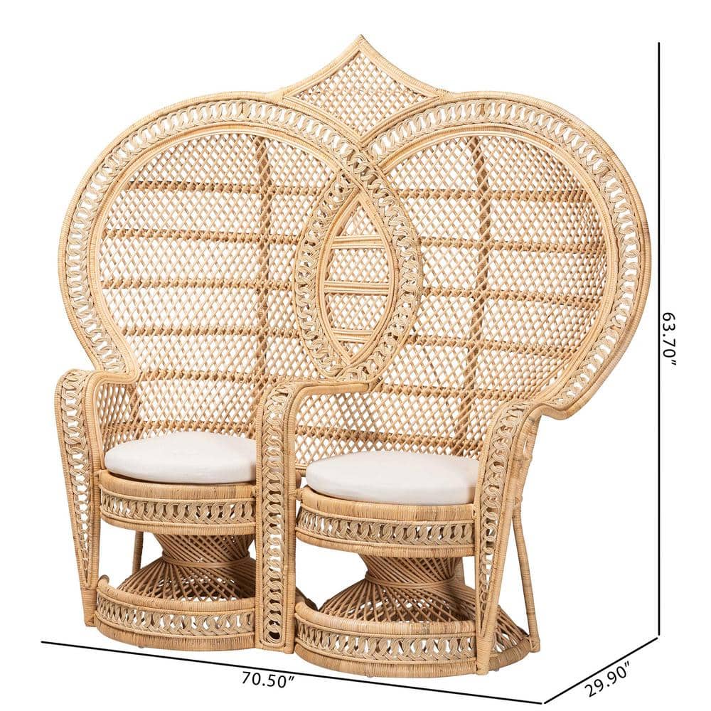 Handcrafted Bohemian Natural Brown Rattan Two-Seater Peacock Chair