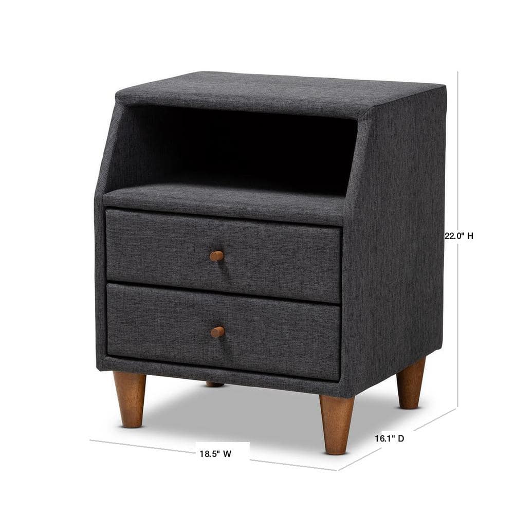 Claverie Charcoal Fabric 2-Drawer Mid-Century Modern Nightstand
