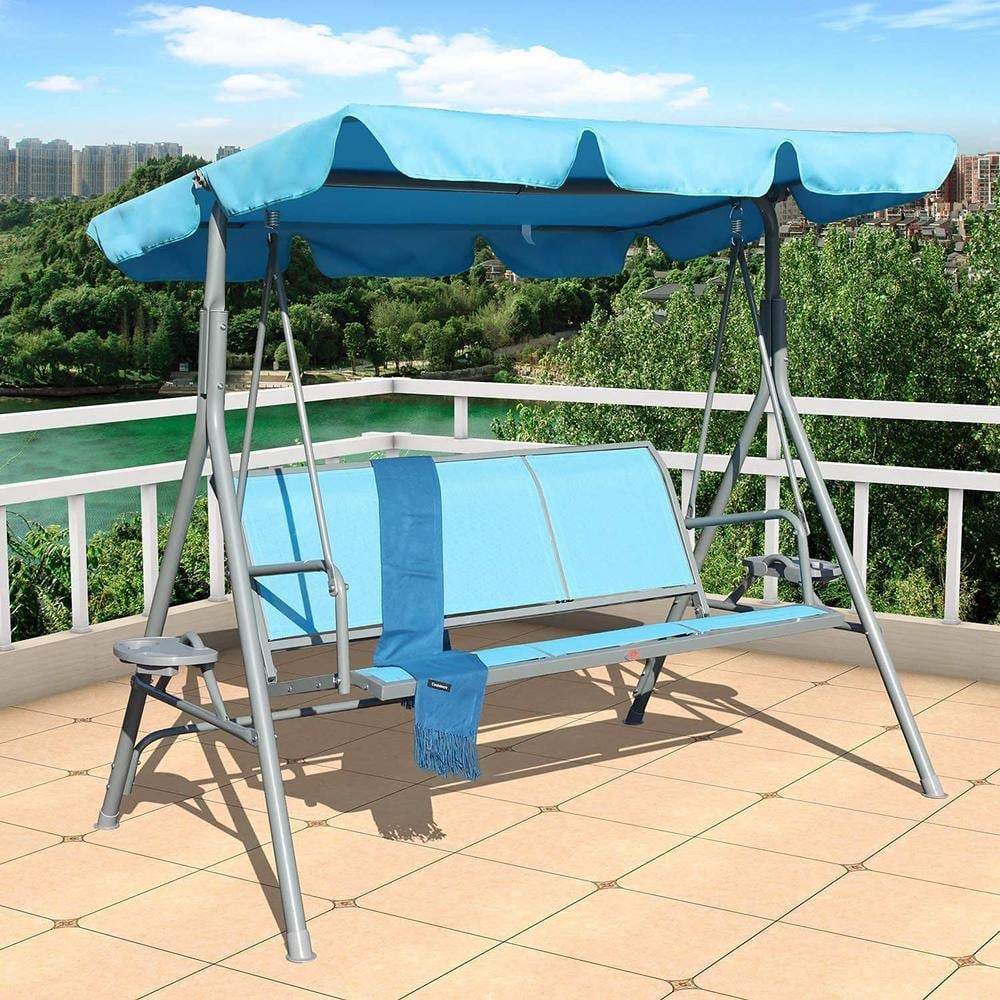 Gray and Blue Steel 3-Person Porch Swing with Adjustable Canopy