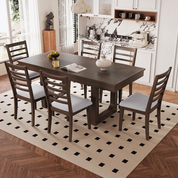 7-Piece Brown MDF Extendable Dining Set Seats 6 with Removable Leaf, 6 Beige Linen Upholstered Chairs