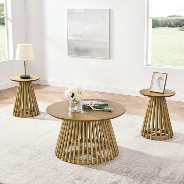 Zeus & Ruta 15.75 in. Diameter x 19.7 in. Solid Wood Round Coffee Table in Brown For Living Room