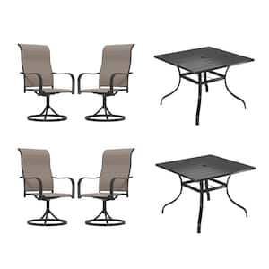 6-Piece Steel Textiliene Swivel Chair Square Table 28.5 in. H Patio Dining Set with Umbrella Hole