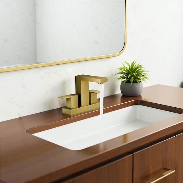 Waterfall 4 in. Centerset Double Handle Low Arc Bathroom Faucet with Drain in Brushed Gold
