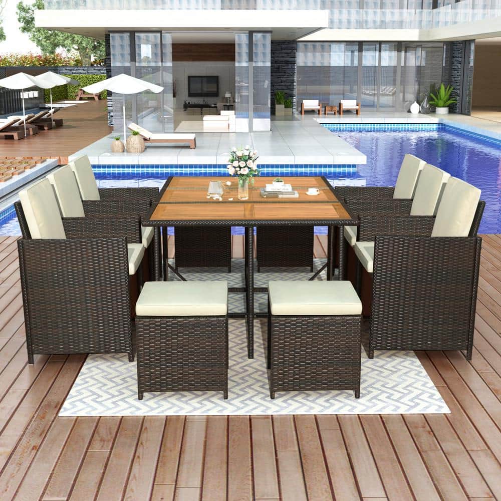 Brown 11-Piece All-Weather Rattan Wicker Outdoor Dining Table Set with Beige Cushions and Wood Tabletop for 10 Person