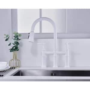 Chic Double Handle Bridge Kitchen Faucet with Pull-Down Sprayhead in White