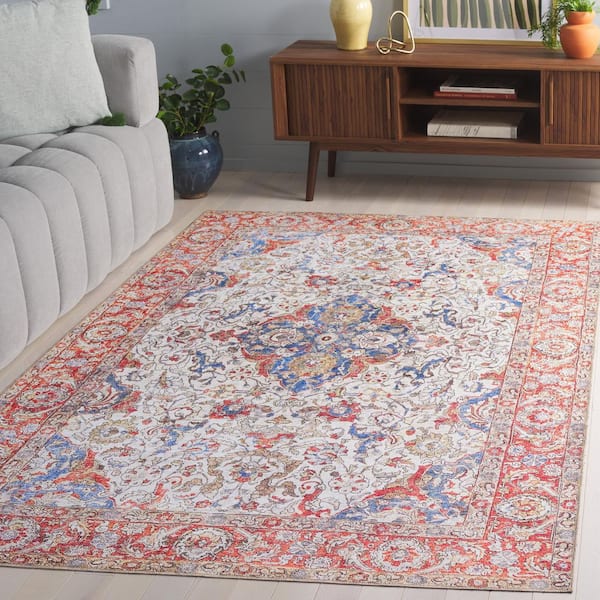 Vintage Serapi Red Orange/Blue  6 ft. x 9 ft. Machine Washable Border Abstract Area Rug