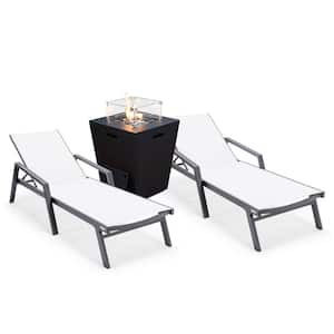 Marlin Modern Black Aluminum Outdoor Chaise Lounge Chair With Arms Set of 2 and Fire Pit Table, White