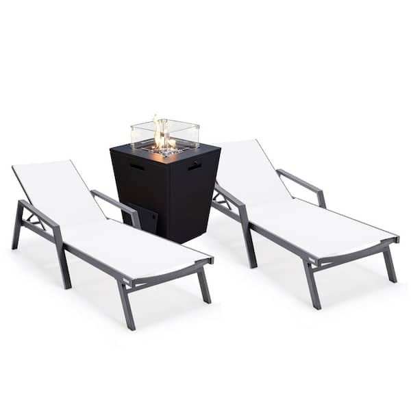 Leisuremod Marlin Modern Black Aluminum Outdoor Chaise Lounge Chair With Arms Set of 2 and Fire Pit Table, White