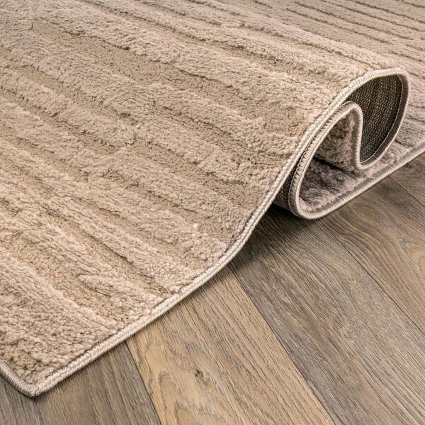 Horizontal Dash Texture Power Loomed Soft Shag High-Low Indoor 2 ft. x 4 ft. Beige Area Rug