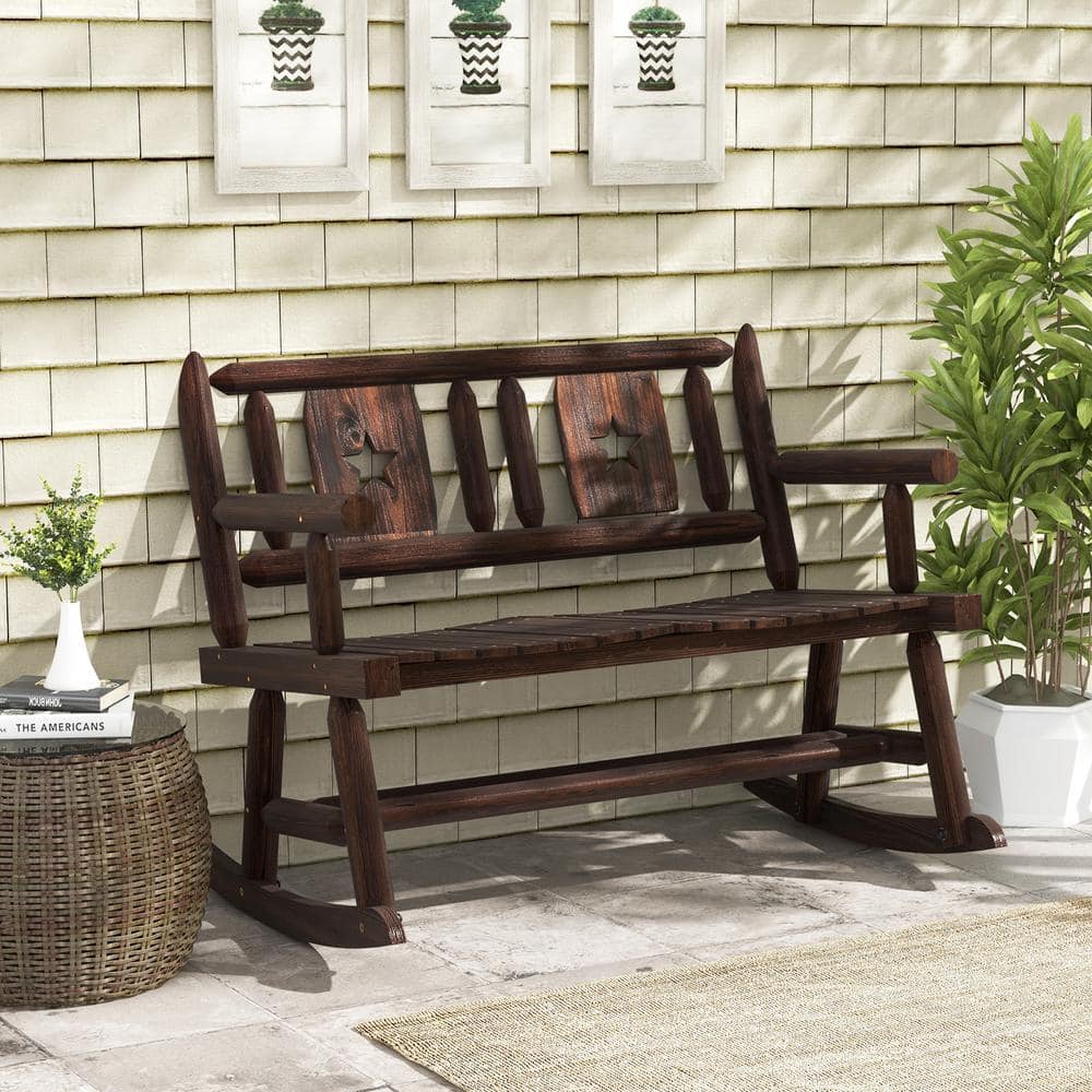 Rustic Brown Pine and Fir Wood 2-Person Outdoor Rocking Loveseat