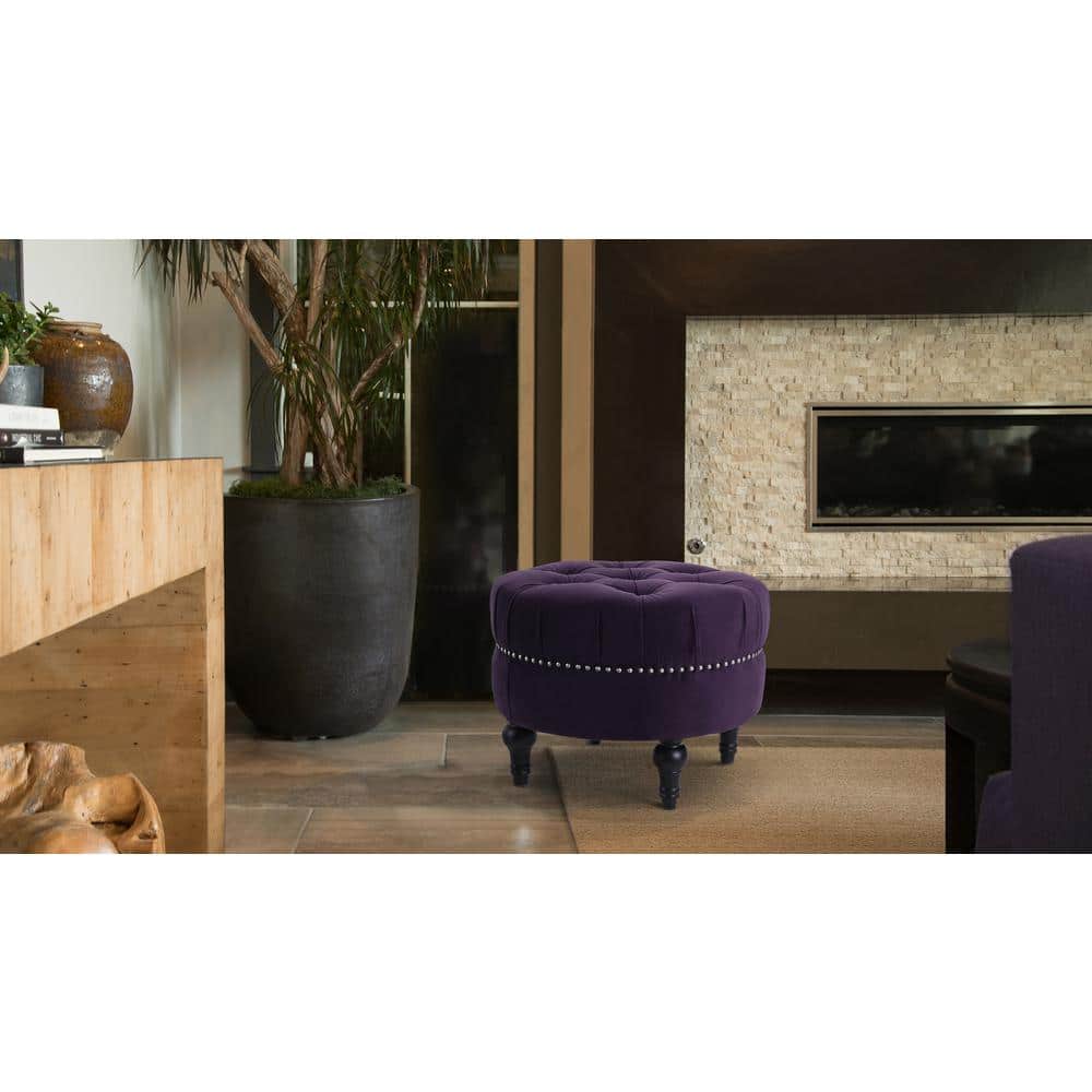 Purple Velvet Tufted Round Ottoman with Nailhead Accents