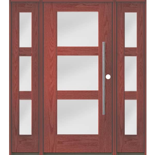 Krosswood Doors Modern Faux Pivot 64 in. x 80 in. 3-Lite Left-Hand/Inswing Satin Glass Redwood Stain Fiberglass Prehung Front Door w/DSL