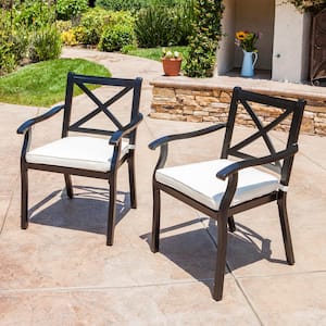 2-Piece Cast Aluminum Outdoor Dining Chairs with Ivory Waterproof Cushions
